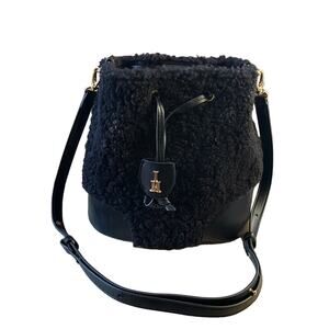 Isaac Mizrahi Black Teddy Faux Sherpa Leather Hobo Bucket Bag Purse Drawstring
